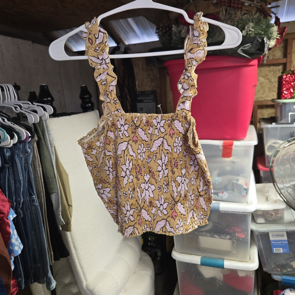 Aerie Floral Ruffle Strap Crop Top - Mustard and Lavender